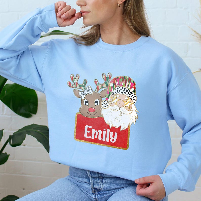Boy and Girl Name Santa and Reindeer Shirt, Colorful Reindeer Santa