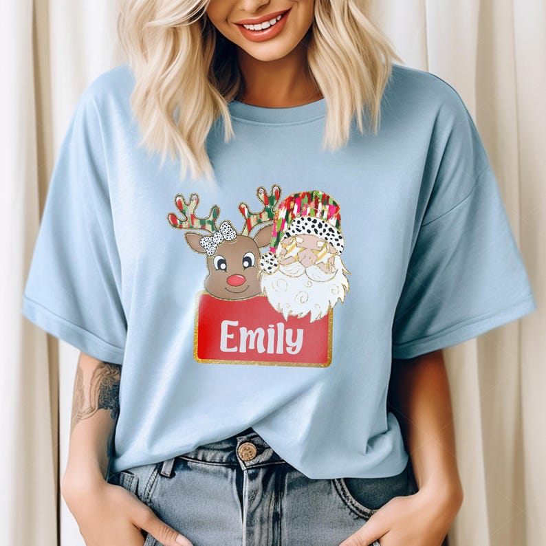 Boy and Girl Name Santa and Reindeer Shirt, Colorful Reindeer Santa