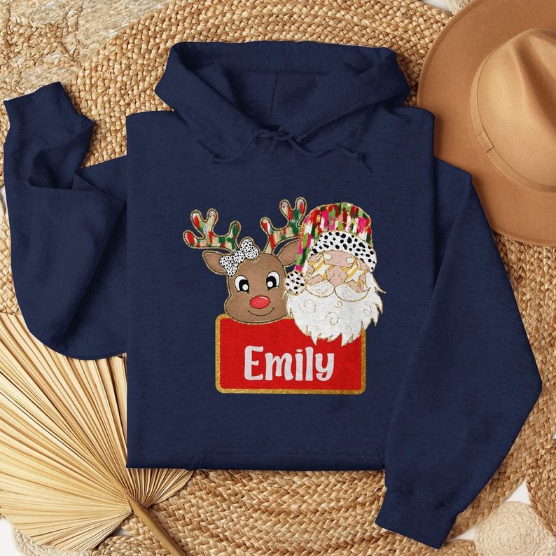 Boy and Girl Name Santa and Reindeer Shirt, Colorful Reindeer Santa