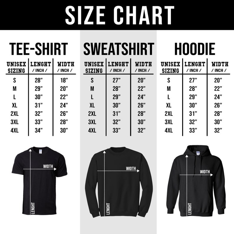 May include: Size chart for unisex t-shirts, sweatshirts, and hoodies. The chart shows the length and width in inches for sizes S, M, L, XL, 2XL, 3XL, and 4XL.
