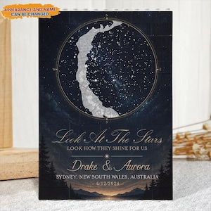 Puede incluir: Impresión personalizada con un mapa estelar dentro de un marco circular, sobre un fondo de ladrillos azul oscuro. Se muestra el texto "Look At The Stars" y los nombres "Drake & Aurora". También se incluye la fecha y la ubicación.