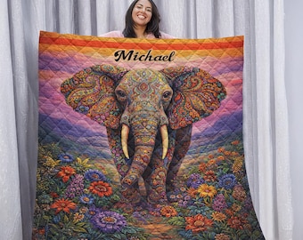 Elefant Quilt Decke personalisierter Name, bunte Boho Elephant Quilt, künstlerische Tier Quilt Decor