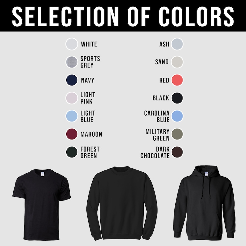 K&ouml;nnte beinhalten: Eine Auswahl an Farben f&uuml;r T-Shirts, Sweatshirts und Hoodies. Die Farben umfassen Wei&szlig;, Asche, Sportgrau, Marineblau, Hellrosa, Hellblau, Rotbraun, Waldgr&uuml;n, Sand, Rot, Schwarz, Carolina Blau, Milit&auml;rgr&uuml;n und Dunkelbraun.