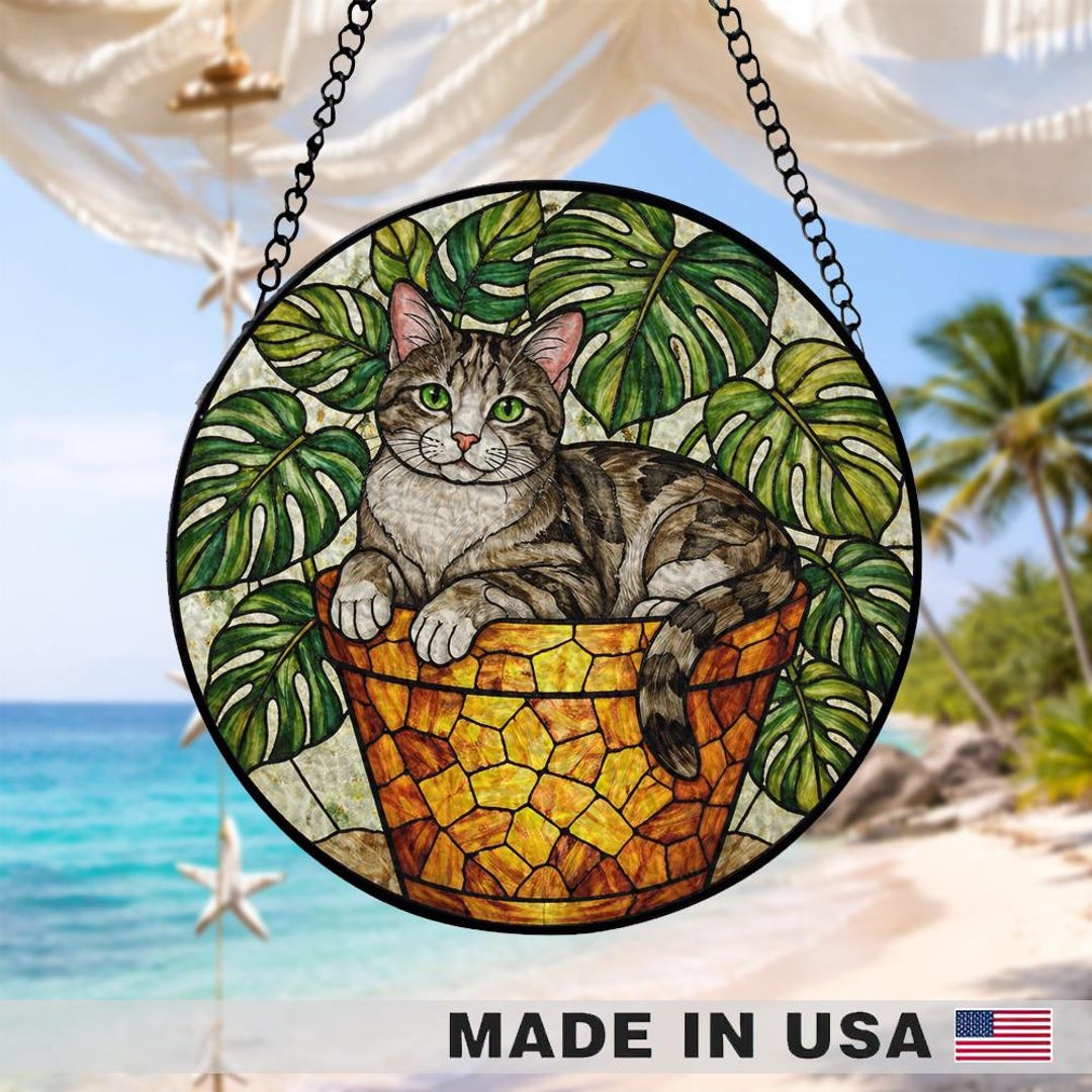 Cat Stained Glass Suncatcher, Monstera Plant Window Hanging Decor - Etsy