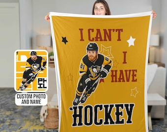 Custom Hockey Blanket with Cartoon Player, Personalized Sports Throw Blanket, Funny Hockey Gift for Kids,Teens, Athletes,Hockey Fans Blanket