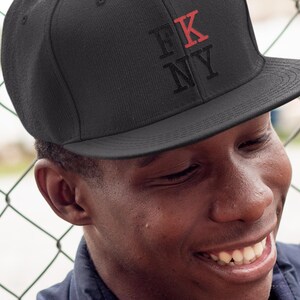 FK NY Flat Bill Snapback Hat, Bold Statement Streetwear Cap, Adjustable Six-Panel Hat, Urban Style Accessory