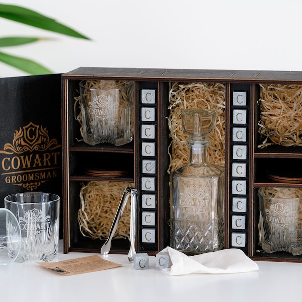 Cadeau pour amateur de whisky - Ensemble de carafe personnalisée avec pierres à whisky, coffret cadeau en bois gravé avec carafe et 4 verres + sous-verres en bois