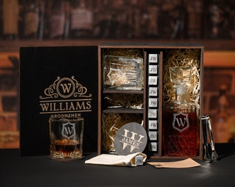 Ensemble personnalisé de carafes à whisky - Ensemble de verres à whisky gravés avec pierres à whisky - Sous-verres en bois - Cadeaux de retraite, cadeaux de remise des diplômes