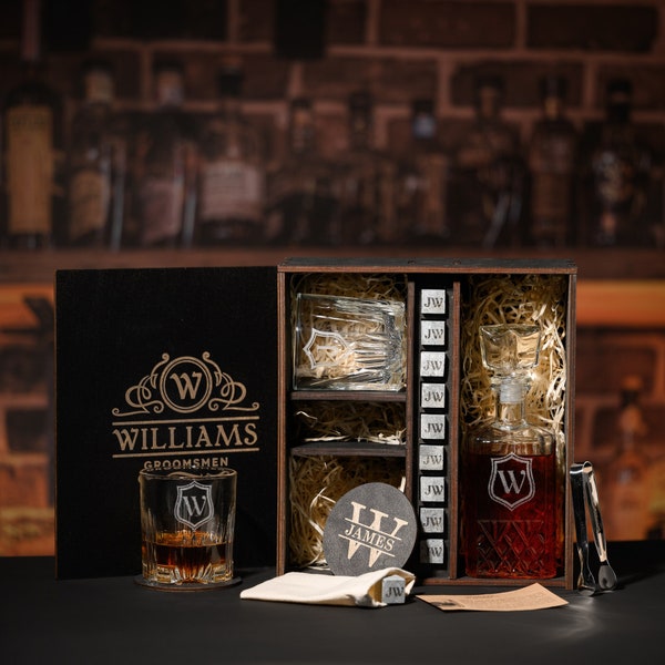 Ensemble personnalisé de carafes à whisky - Ensemble de verres à whisky gravés avec pierres à whisky - Sous-verres en bois - Cadeaux de retraite, cadeaux de remise des diplômes