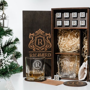 Personalized Barware Set - Engraved Whiskey Glass Set with Whiskey Stones in Wooden Gift Box - Wooden Coasters - Perfect for Loved One