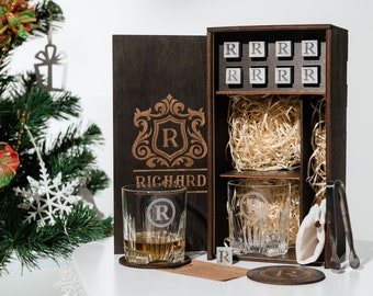 Personalized Barware Set - Engraved Whiskey Glass Set with Whiskey Stones in Wooden Gift Box - Wooden Coasters - Perfect for Loved One