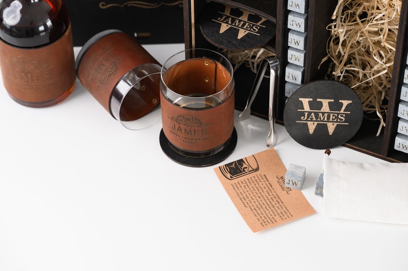 Protect your furniture in style with our beautifully crafted wooden coasters, each designed to complement the luxurious appeal of the leather-wrapped set.