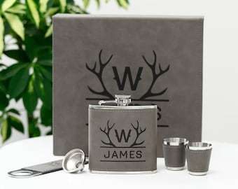 Personalized Flask Gift Man Set - Engraved Leather Gift Box - Christmas Gifts, Anniversary Gifts, Gift for Dad, Boyfriend Gifts