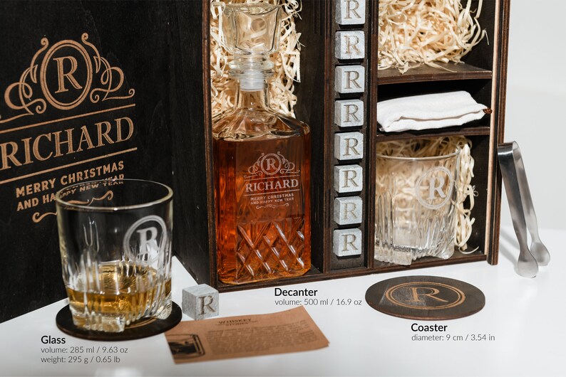 Elevate your whiskey experience with our personalized decanter set, complete with whiskey stones for the perfect chill. Its the quintessential addition to any connoisseurs collection.