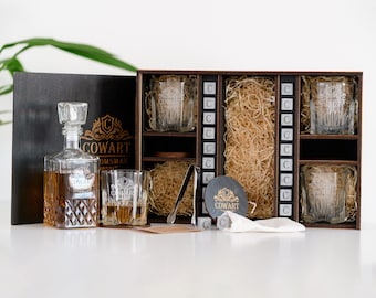 Groomsmen Gift - Personalized Whiskey Decanter Set with Whiskey Stones, Engraved Wooden Gift Box with Decanter and 4 glasses+Wooden Coasters