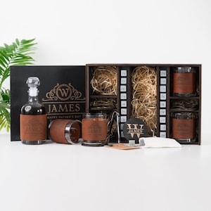 Personalized Birthday Gift for Him - Leather Wrapped Bourbon Glasses Set - Etched Glasses and Wooden Coasters - Gift for Loved One
