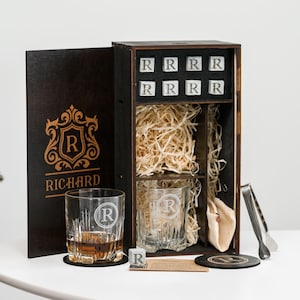 Personalized Whiskey Glasses Set with Whiskey Stones - Engraved Wooden Gift Box with Decanter - Wooden Coasters - Gift for Him, Gift for Men