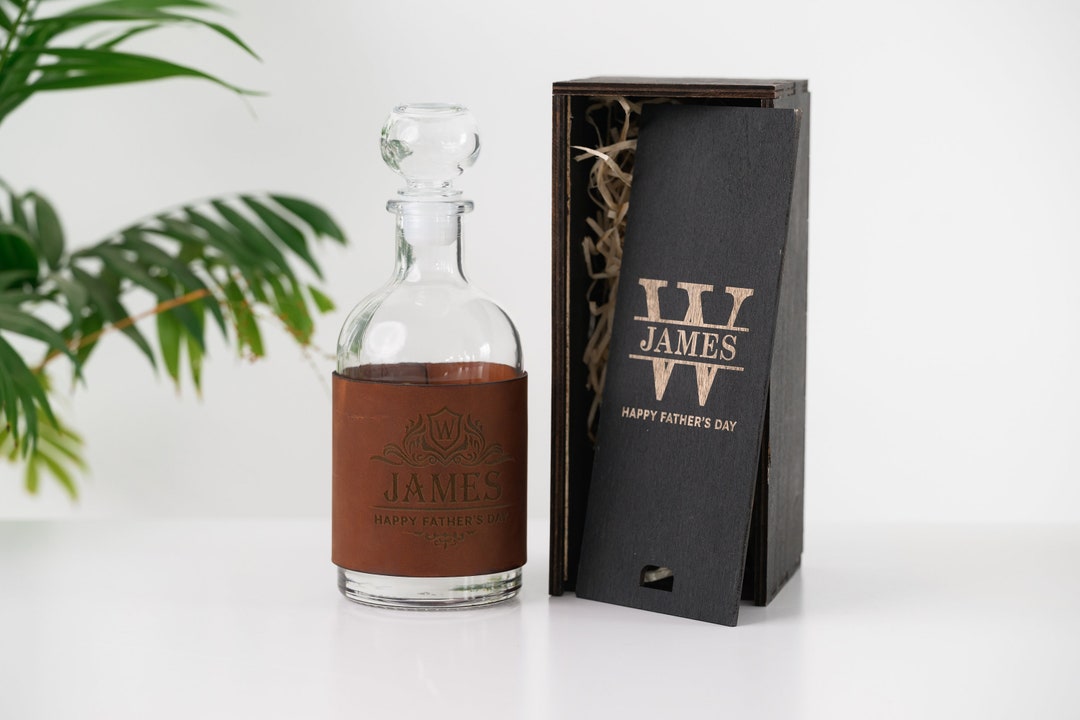 Engraved Wooden Gift Box With Decanter - Personalized Leather Wrapped ...
