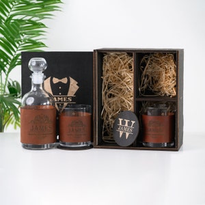 Personalized Decanter Set. Engraved Leather Wrapped Whiskey Glasses Set. Wooden Coasters. Groomsmen Sifts, Gifts for Dad, Graduation Gifts