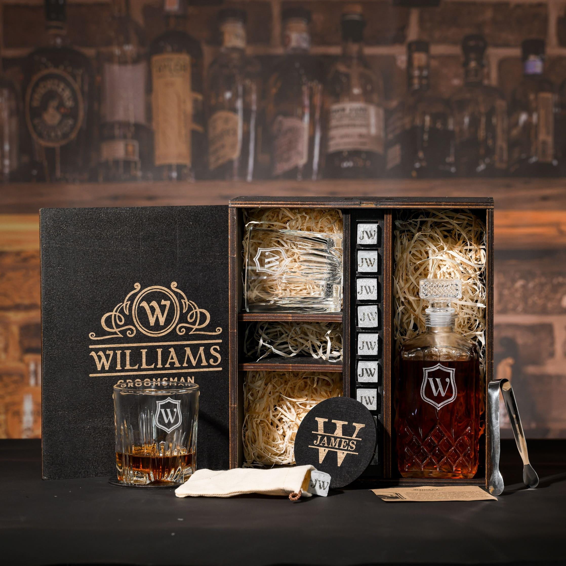 Personalized Wood Tray Set With Decanter, Glasses, Ice Bucket & Tongs Personaliz