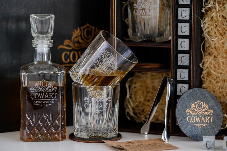 Elevate your whiskey enjoyment with our premium set, featuring a sleek decanter, elegant glasses, natural whiskey stones, and handcrafted wooden coasters. Enjoy the perfect sip with our whiskey stones. Designed to cool your drin.