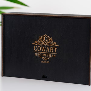 Groomsmen Gift Personalized Whiskey Decanter Set with Whiskey Stones, Engraved Wooden Gift Box with Decanter and 4 glassesWooden Coasters image 2
