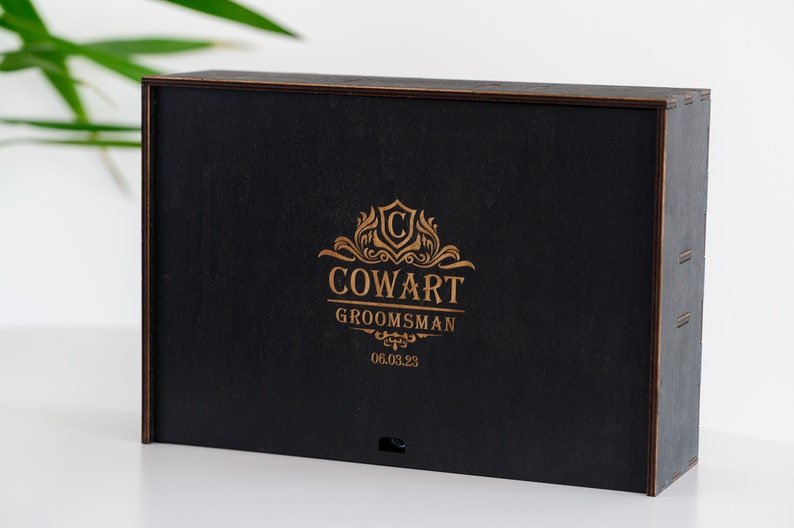 Groomsmen Gift Personalized Whiskey Decanter Set with Whiskey Stones, Engraved Wooden Gift Box with Decanter and 4 glassesWooden Coasters image 2