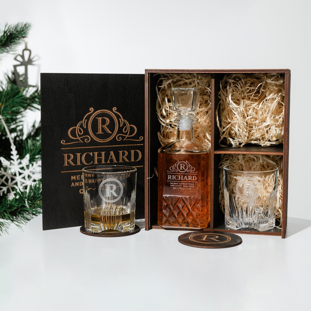 Personalized Decanter Set. Whiskey Glasses With Wooden Coasters. Gift ...