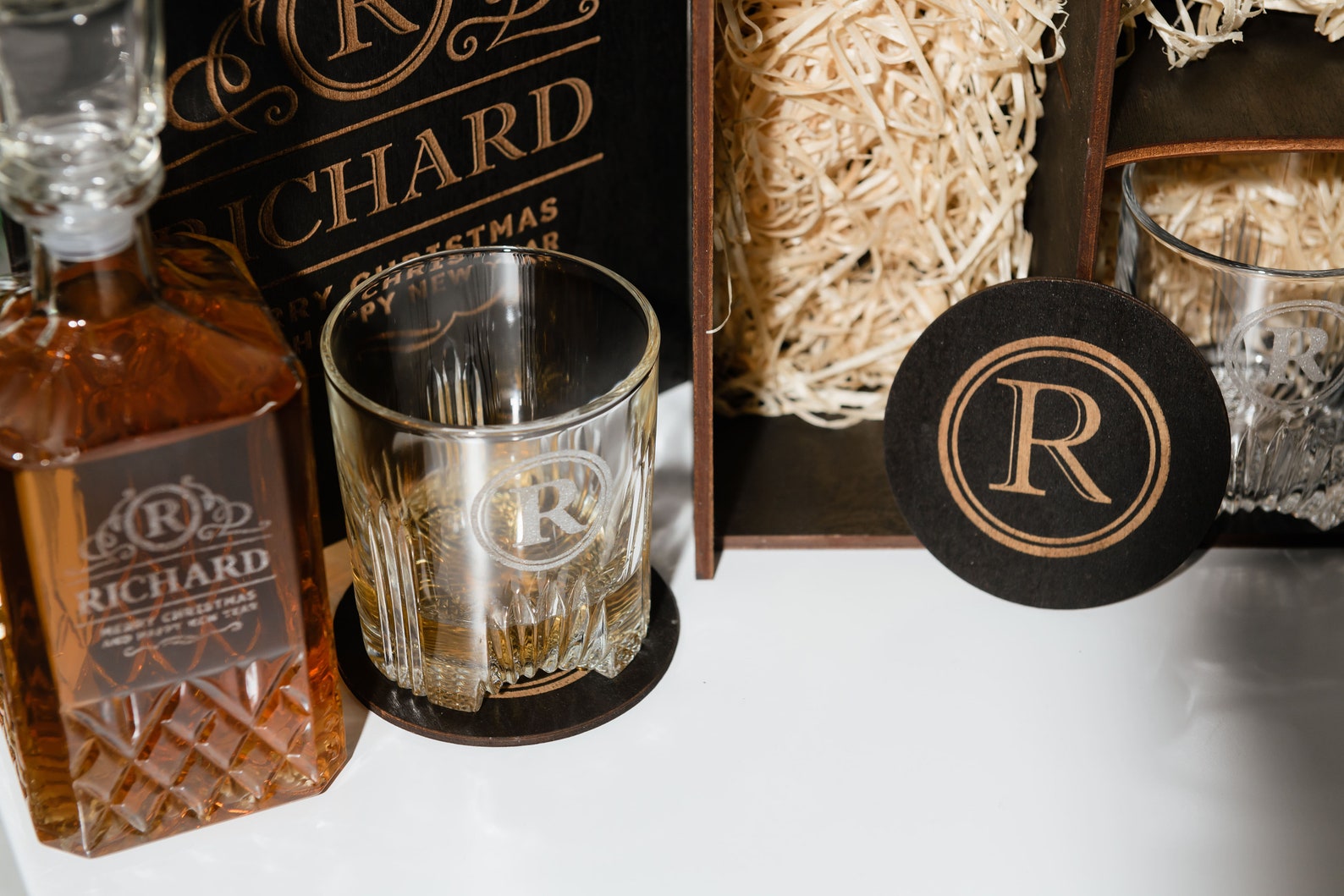 Personalized Decanter Set. Whiskey Glasses With Wooden Coasters. Gift ...