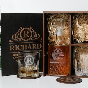 Presented in an engraved wooden gift box, this decanter and glasses set exudes sophistication and craftsmanship. Each piece is a work of art, personalized to add a unique touch.