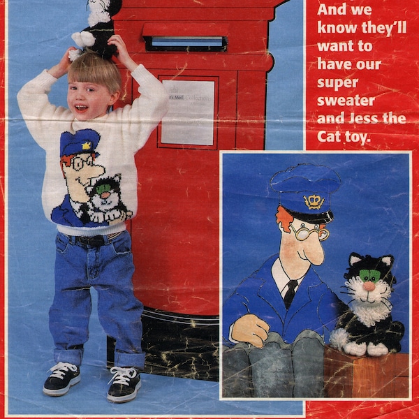 PDF Vintage Postman Pat Knitting Pattern Sweater Jumper and Jess Cat Toy