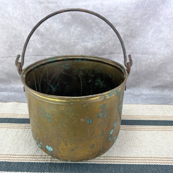 Antique Green Patina English Style Hand Crafted Brass Cauldron/Planter/Bucket w Wrought Iron Handle - Farmhouse - Country - Rustic