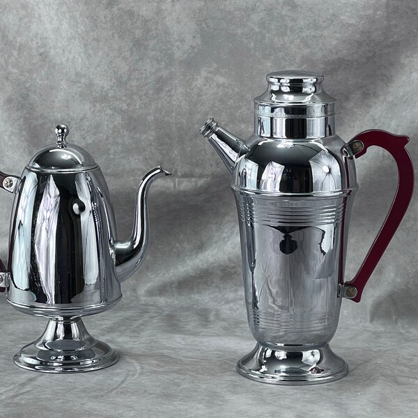 Vintage Chrome Art Deco Retro Coffee Pot and Cocktail Shaker with Red Bakelite Handles