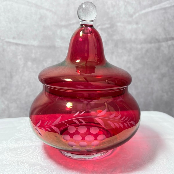 Vintage Cranberry Flash and Clear Glass Circus Tent Lidded Dish w/Etched Grapes and Leaves