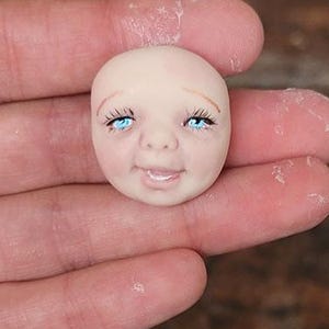 Tiny Cute laughing baby face, Make Your Own cloth fairy Elf pixie, Small Clay Art Doll Face cabochon, Focal bead, Flat back, Child face