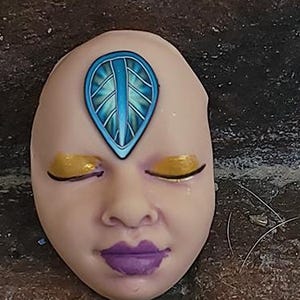Sm Ethnic Spirit Art Doll Face Cabochon, focal bead, No Holes, Flat back, Green woman, Colorful Abstract design, Tribal markings Doll Parts