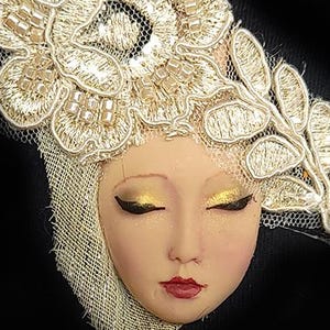 Mix Media Asian Face, Small Face Cabochon, Light Flesh Tone polymer clay Art doll, Focal Bead, No Holes, Flat Back, Asian Geisha