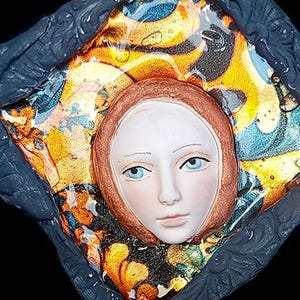 Folk Art Abstract Metallic Fractal Design Goddess, with textured Wrap around face, Smooth glaze like Shape, Art Doll Face Cabochon,