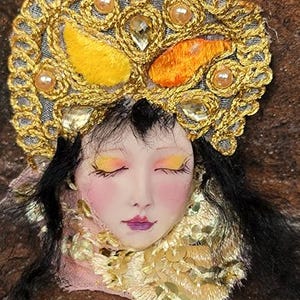 Mix Media Asian Face, Small Face Cabochon, Light Flesh Tone polymer clay Art doll, Focal Bead, No Holes, Flat Back, Asian Geisha
