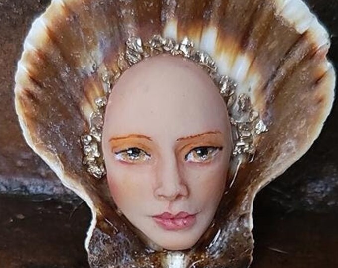 Med Mermaid Shell Goddess Art Doll Face Cabochon, Mix Media Focal Bead ...
