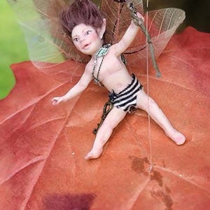 Leaf Rider Pixie boy! Ooak Hanging Mix Media Art Doll, Small Fairy having fun on a Fallen Tree Leaf In the Woods, Come w bendable twig