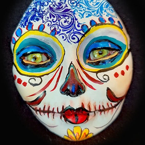 Day of The Dead Sugar Skull, Xl Spirit Art Doll Woman Goddess Art Doll Face cabochon, Lg focal bead, No Holes, flat Back, 3d eyes realistic