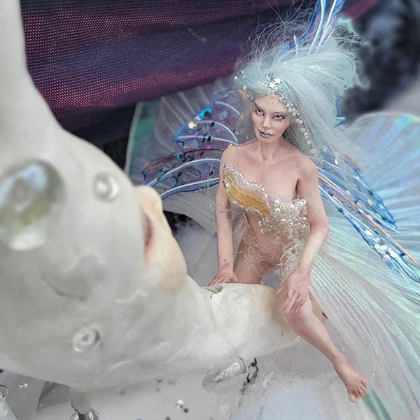Moon Goddess Sena, Ooak Fairy Clay Art Doll, Moon Base w/ Clouds, Story Time, Fantasy Handmade Doll