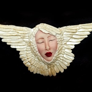 XL Angel w/ Wings In flight, Light Flesh Tone Polymer clay Art Doll Face Cabochon, Flat Back, focal Bead, No Hole, Doll Parts, Made to order