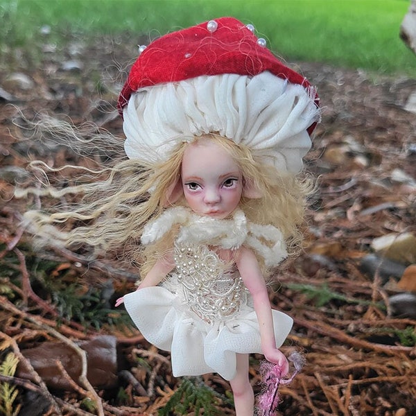 Mushroom Girl, Made to order, Small Clay Mix Media Art Doll, OOak Sweet Child Mushroom Skipping Along Fairy Forest Village