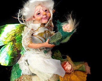 Fairy Godmother Alette, Old Lady Fairy Ooak Clay Art Doll, folklore Handmade Older Fae Looking after Newborn Pixies, Abuela