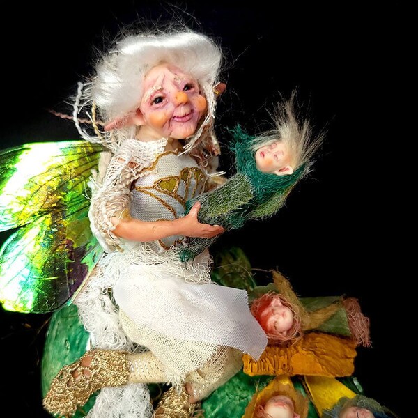 Fairy Godmother Alette, Old Lady Fairy Ooak Clay Art Doll, folklore Handmade Older Fae Looking after Newborn Pixies, Abuela