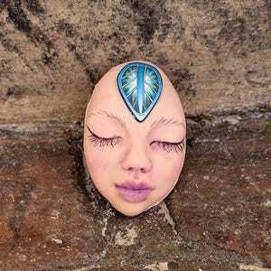 Sm Ethnic Spirit Art Doll Face Cabochon, focal bead, No Holes, Flat back, Green woman, Colorful Abstract design, Tribal markings Doll Parts