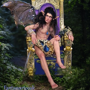 Könnte beinhalten: Eine Fantasy-Kunstpuppe sitzt auf einem goldenen und lila Thron, trägt einen blau-goldenen Rock, hat große Flügel und spitze Ohren. Die Puppe hat lange schwarze Haare und einen blauen Anhänger. Der Text "Fantasyartooak 2026-März" steht unten.