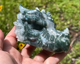 Gorgeous 3.5 inch Moss Agate Crystal Dragon Head Carving